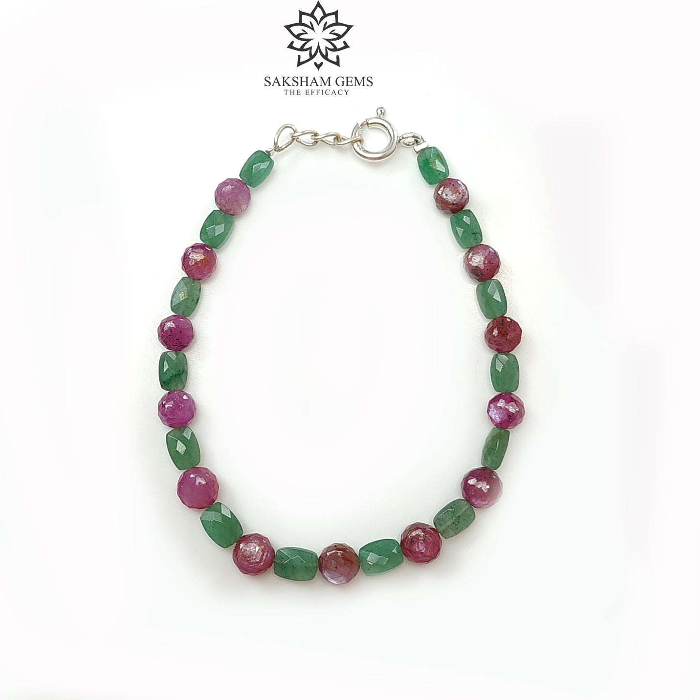 Quartz & Sapphire Gemstone Beads Bracelet : 8.59gms Green Quartz Pink Sapphire 925 Sterling Sliver Beaded Bracelet Checker Cut Bracelet 8"