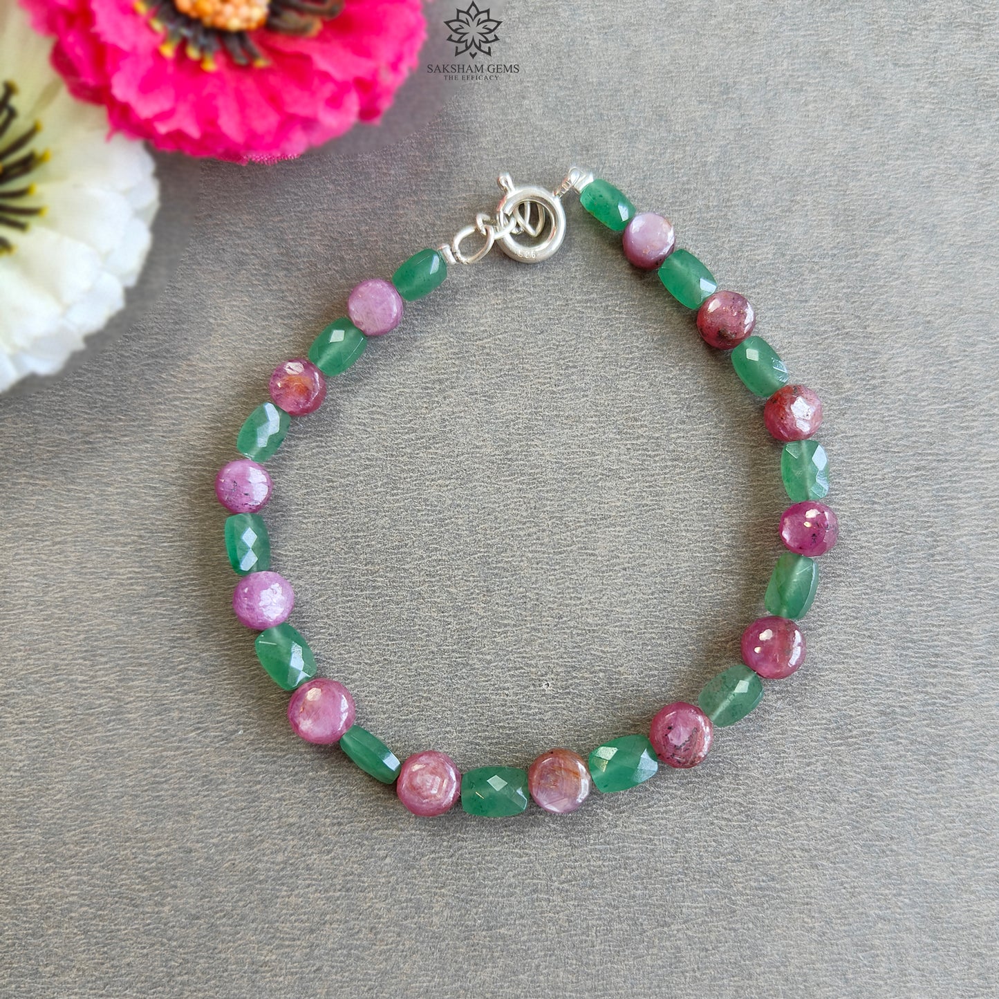Quartz & Sapphire Gemstone Beads Bracelet : 8.59gms Green Quartz Pink Sapphire 925 Sterling Sliver Beaded Bracelet Checker Cut Bracelet 8"