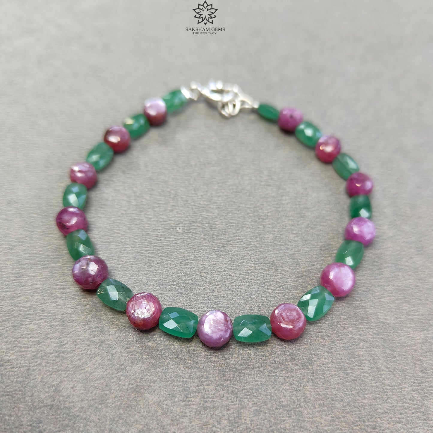 Quartz & Sapphire Gemstone Beads Bracelet : 8.59gms Green Quartz Pink Sapphire 925 Sterling Sliver Beaded Bracelet Checker Cut Bracelet 8"