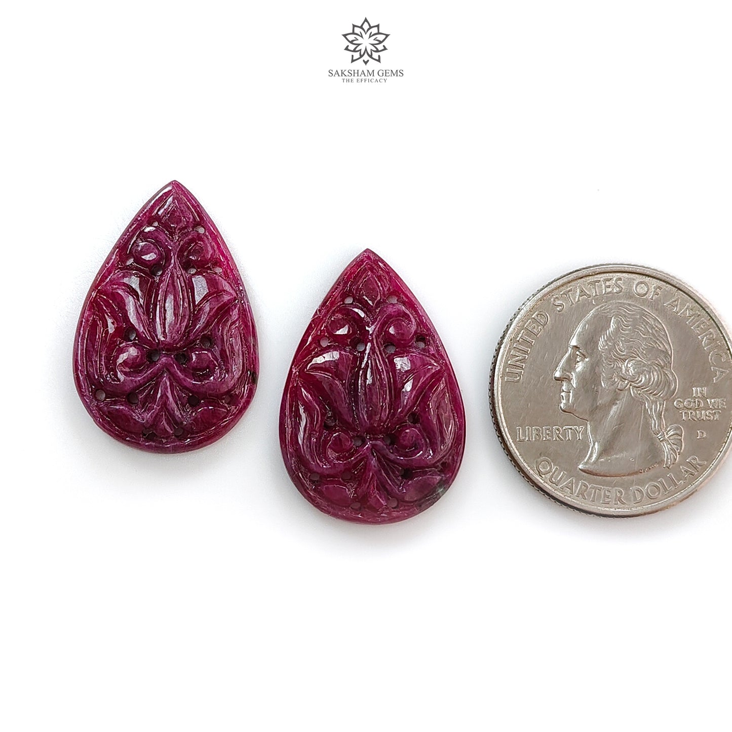 Purple Ruby Gemstone Carving : 31.80cts Natural Untreated Unheated Red Ruby Hand Carved Pear Shape 26*17.5mm Pair