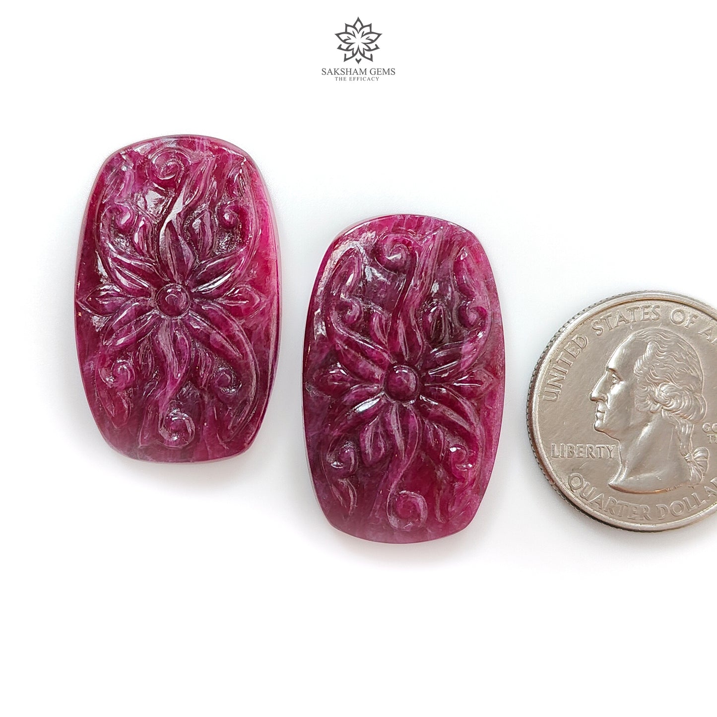 Ruby Gemstone Carving : 72.30cts Natural Untreated Unheated Red Ruby Hand Carved Cushion Shape 33*20mm Pair