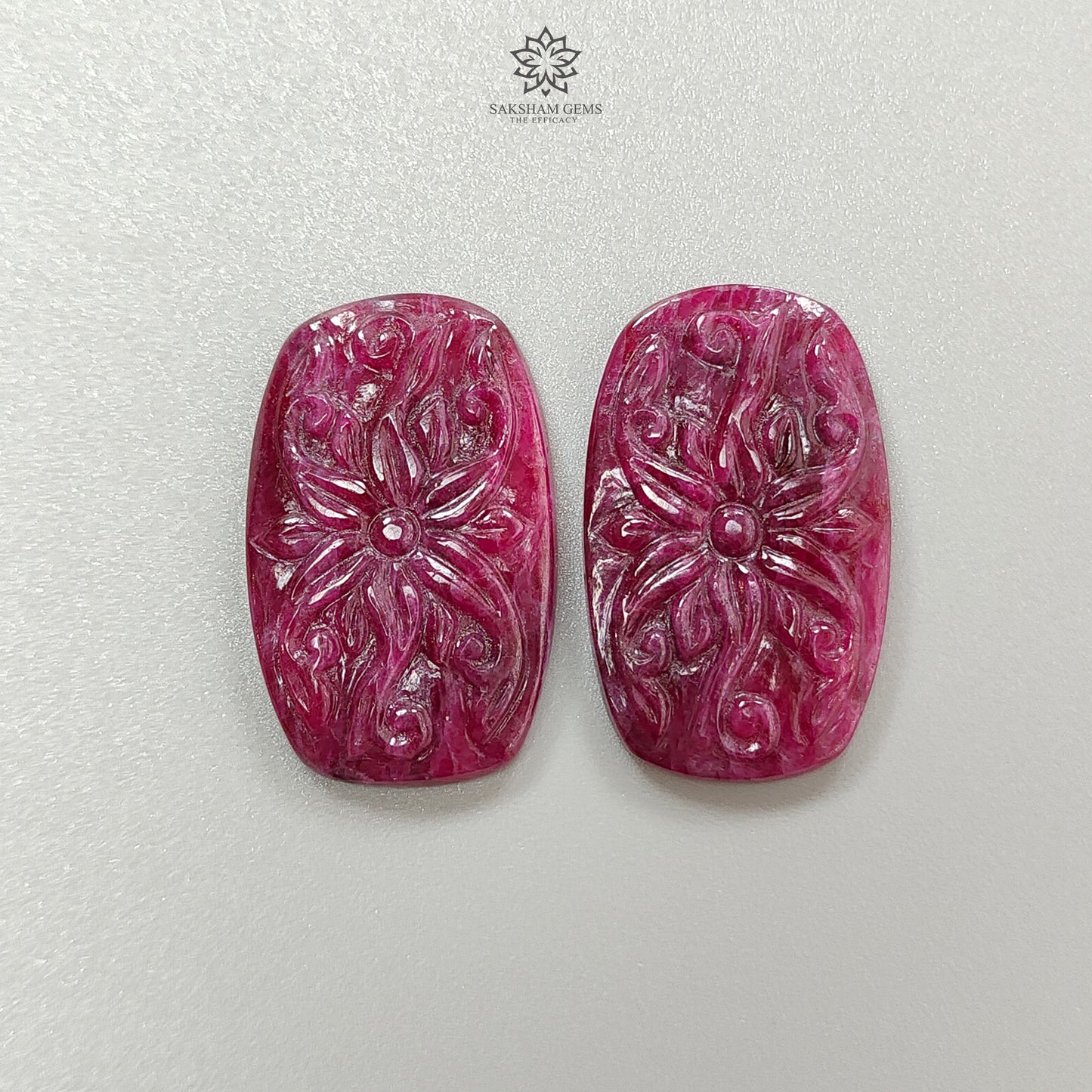 Ruby Gemstone Carving : 72.30cts Natural Untreated Unheated Red Ruby Hand Carved Cushion Shape 33*20mm Pair