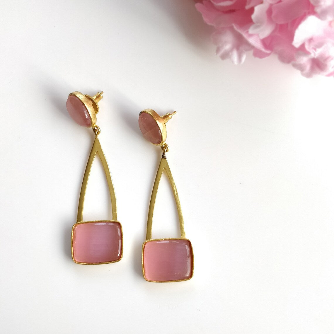 Pink Rhinestone Gemstone Earring : 2.5"*0.65" Handmade Brass 18k Gold Plated 12.50gms Bezel Setting Drop Dangle Push Back Earring