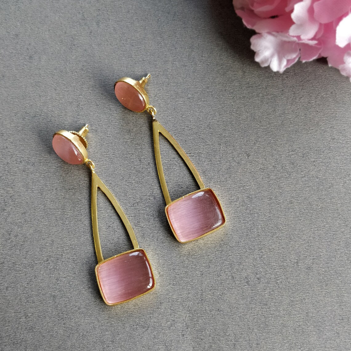 Pink Rhinestone Gemstone Earring : 2.5"*0.65" Handmade Brass 18k Gold Plated 12.50gms Bezel Setting Drop Dangle Push Back Earring