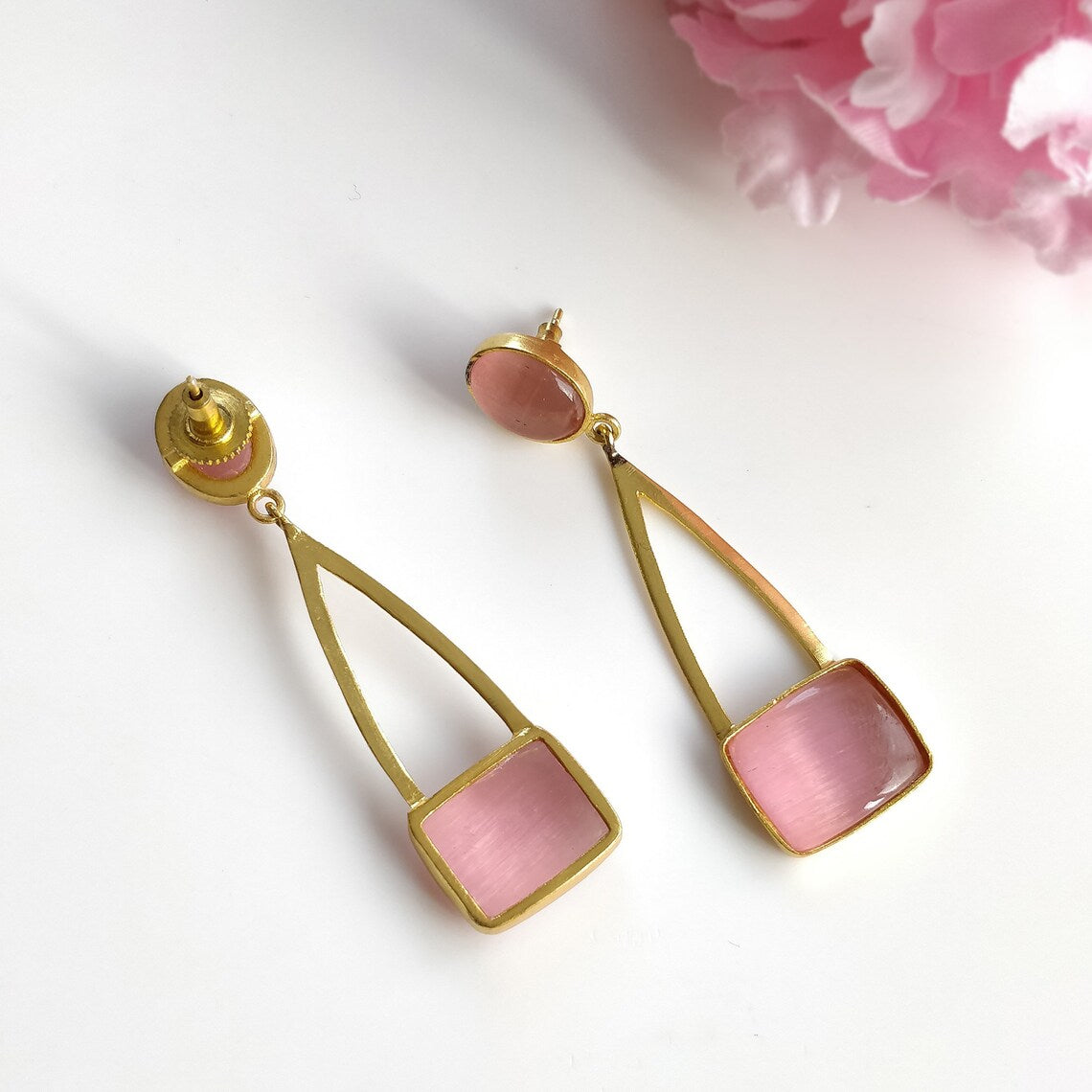 Pink Rhinestone Gemstone Earring : 2.5"*0.65" Handmade Brass 18k Gold Plated 12.50gms Bezel Setting Drop Dangle Push Back Earring