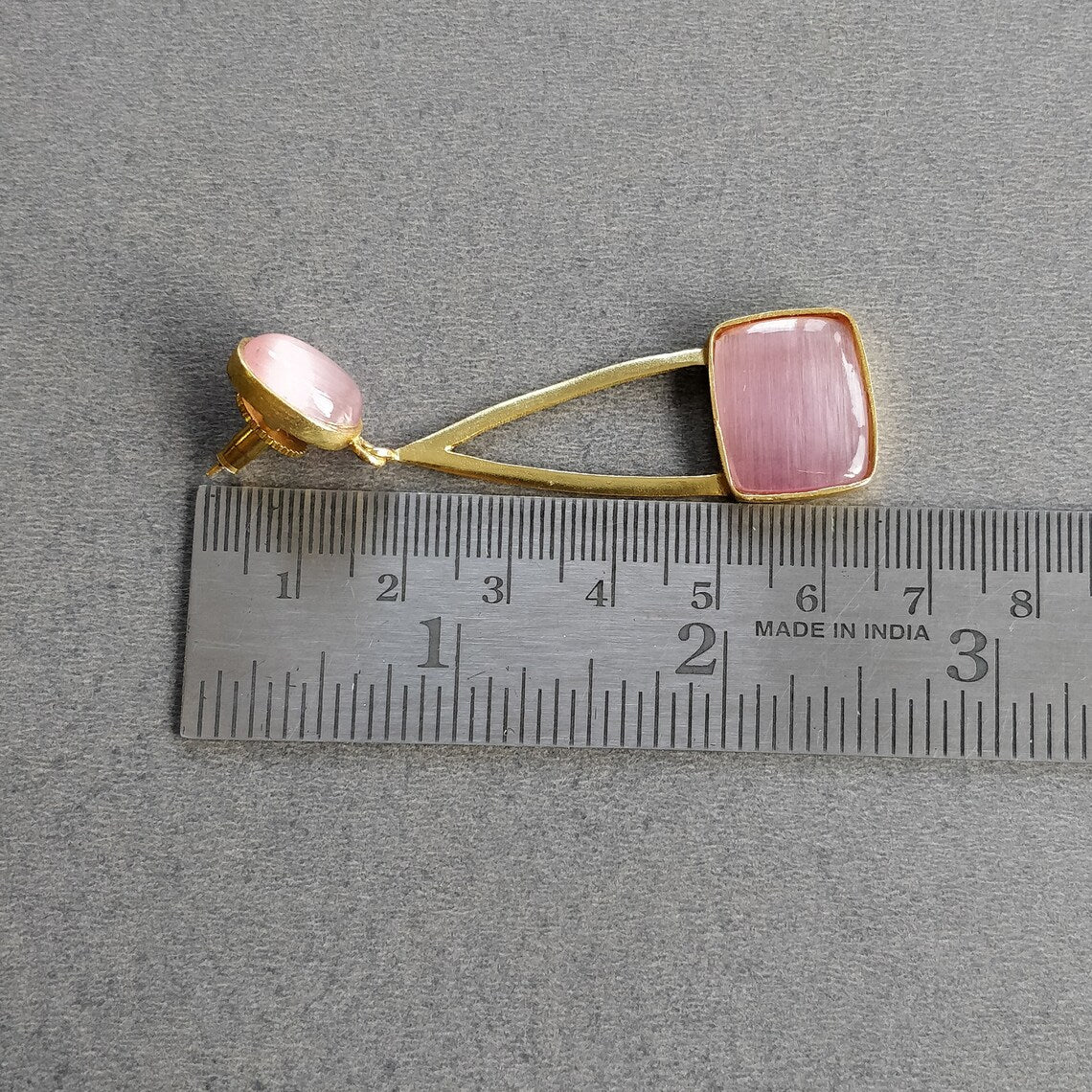 Pink Rhinestone Gemstone Earring : 2.5"*0.65" Handmade Brass 18k Gold Plated 12.50gms Bezel Setting Drop Dangle Push Back Earring