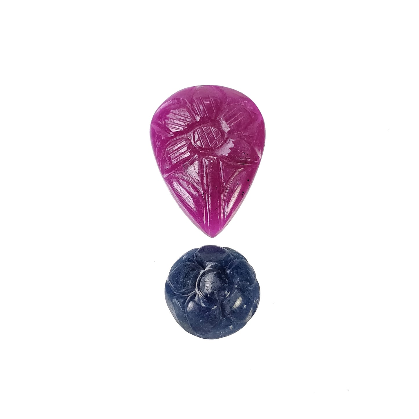 RED RUBY & Blue SAPPHIRE Gemstone Carving : 20.15cts Natural Untreated Ruby Hand Carved Pear and Round 20*15mm - 11mm 2pcs (With Video)