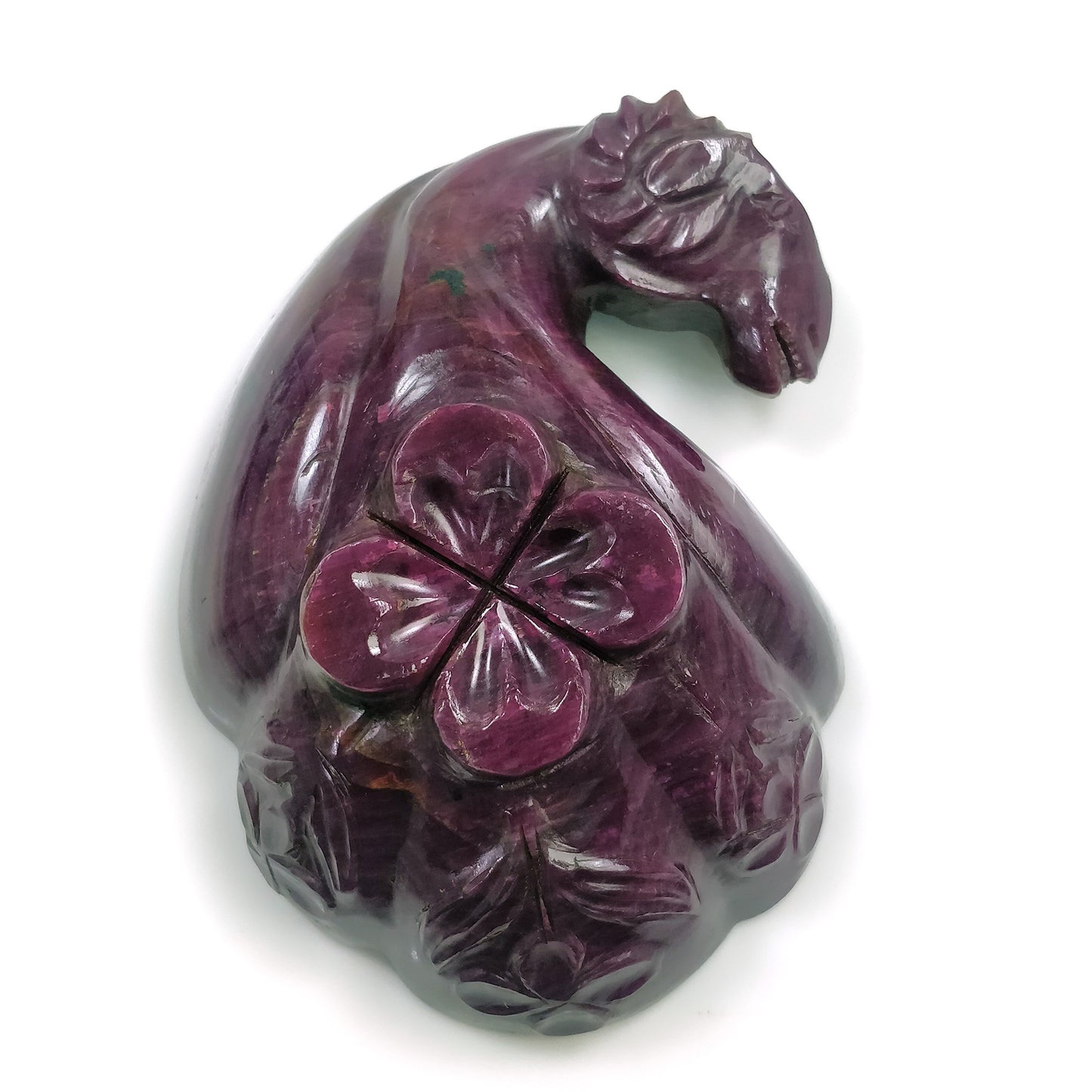 Red RUBY Gemstone Sculpture : 164.00gms Natural Untreated Ruby Hand Carved Dragon Ram Head With Flower BOWL Sculpture Figurine 91*64mm*31(h)