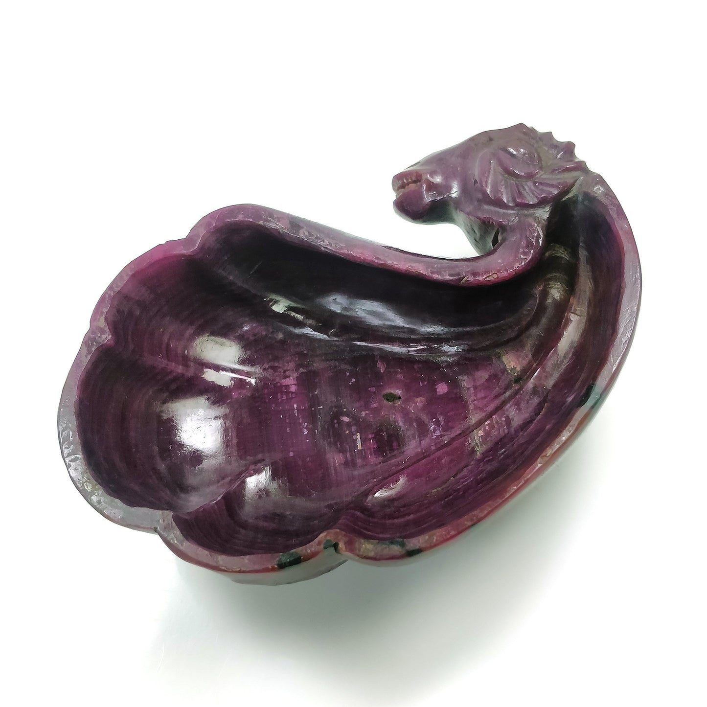 Red RUBY Gemstone Sculpture : 164.00gms Natural Untreated Ruby Hand Carved Dragon Ram Head With Flower BOWL Sculpture Figurine 91*64mm*31(h)