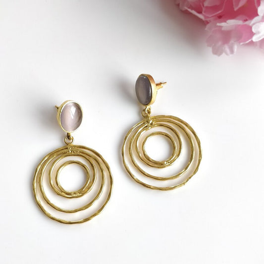 Lavender Cat's Eye Gemstone Earring : 2" Handmade Brass 18k Gold Plated 12.50gms Oval Round Bezel Setting Drop Dangle Push Back Earring