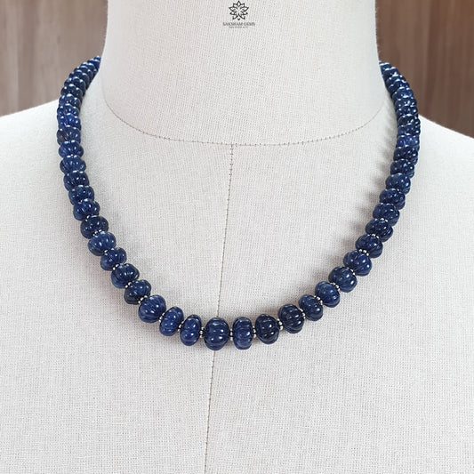 Blue Sapphire Gemstone Melon Beads Necklace : 381.30cts 925 Sterling Silver Natural Sapphire Hand Carved Rondelle Melon Beads 8mm-10mm 20"
