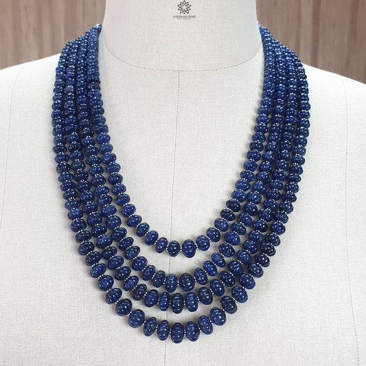 Blue Sapphire Gemstone Melon Beads Necklace : 1456.60cts Natural Sapphire Hand Carved Rondelle Melon Beads 7mm-11mm 16 "- 21"