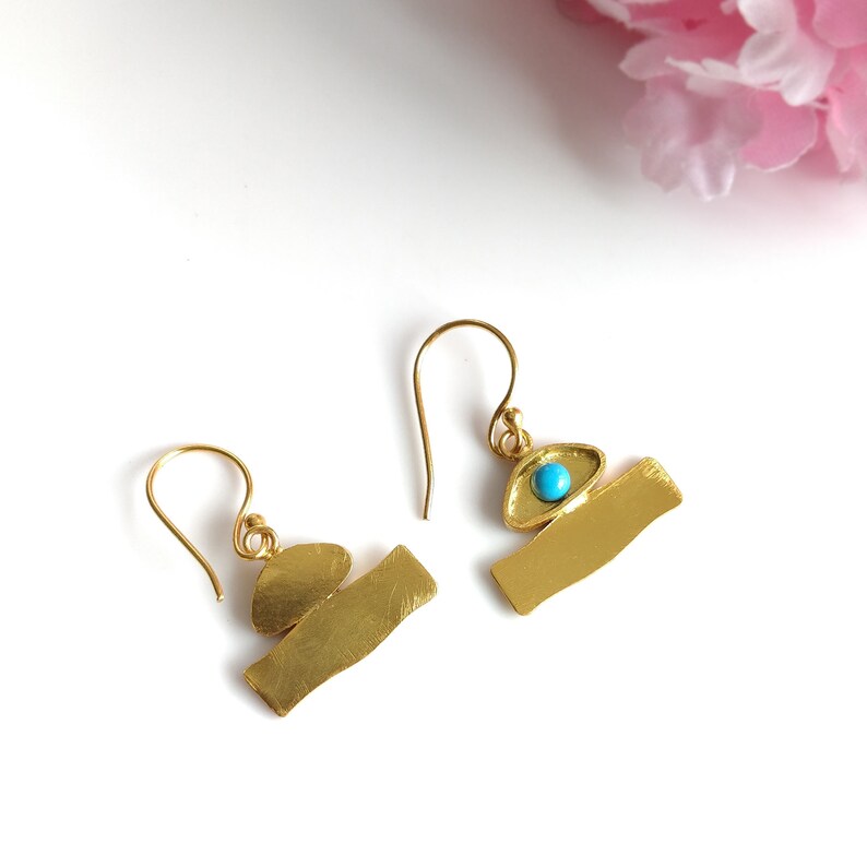 Turquoise Enameling Gemstone Brass Earring : 3*2cm Handmade 18k Gold Plated 4.00gm Boho Style Bezel Set Hook Drop Dangle Earring