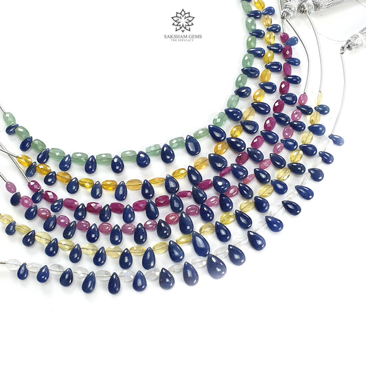 Sapphire Ruby Opal Moonstone Quartz Plain Beads: Natural Untreated Blue Sapphire Teardrop Cushion Plain 6"-7" Beads For Bracelet