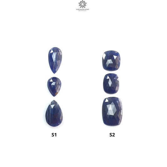 Blue Sapphire Gemstone Rose Cut Slices: Natural Untreated Unheated Sapphire Pear, Cushion Shape 3pcs Set for Jewelry September Birthstone
