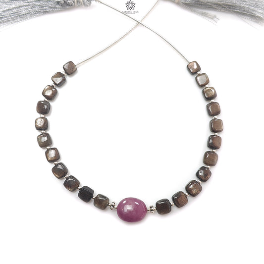 Golden Chocolate Sapphire & Star Ruby Gemstone Smooth Loose Beads: 49.90cts Natural Untreated Sapphire Cushion Shape Beads 6mm 7"