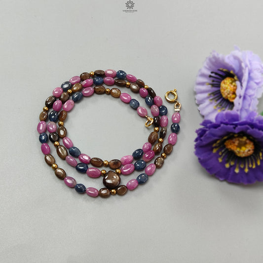 Multi Sapphire Gemstone Beads Necklace: 92.00cts Natural Untreated Unheated Sapphire Plain Oval Brass Necklace 6*4mm - 7*5mm 21"