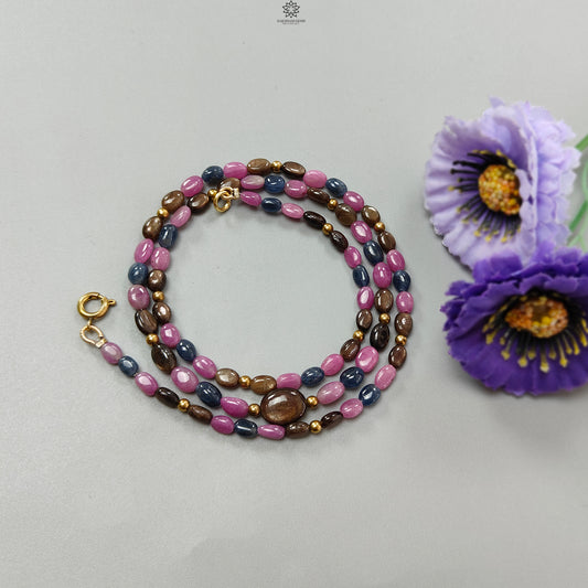 Multi Sapphire Gemstone Beads Necklace: 84.00cts (Approx) Natural Untreated Unheated Sapphire Plain Oval Brass Necklace 6*4mm - 7*5mm 20"