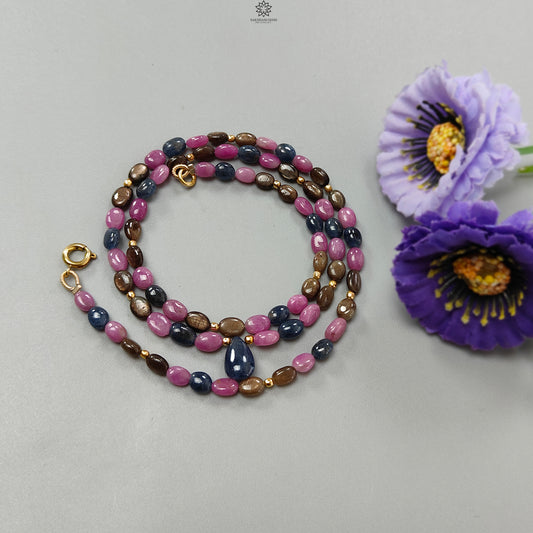 Multi Sapphire Gemstone Beads Necklace: 85.00cts (Approx) Natural Untreated Unheated Sapphire Plain Oval Brass Necklace 6*4mm - 7*5mm 21"