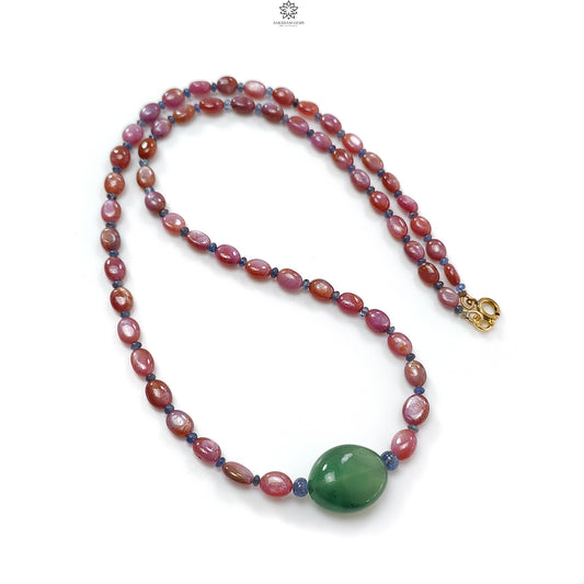 Pink Sapphire Beads Necklace: 126.60cts Natural Untreated Pink, Blue Sapphire & Green Quartz Gemstone Plain Oval Necklace 7*5mm - 8*6mm, 21"