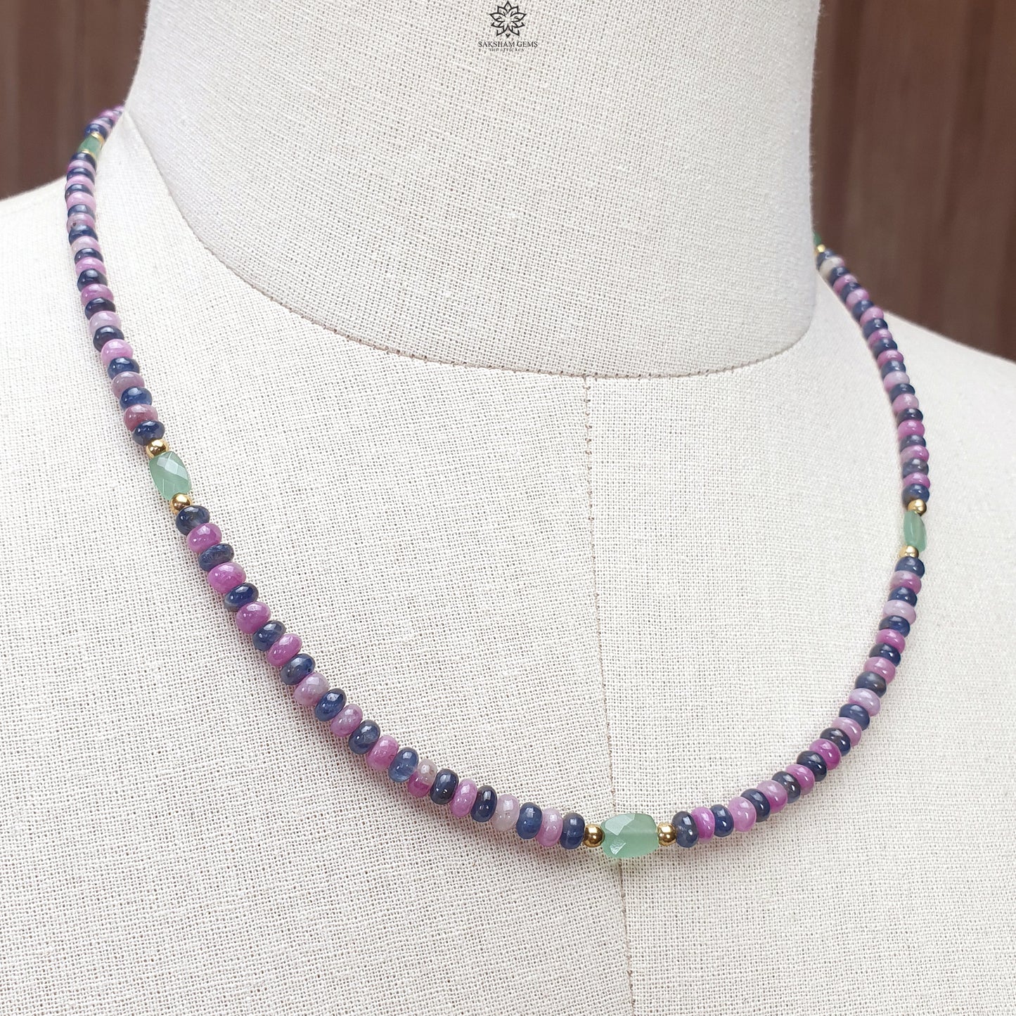 Zoisite Ruby & Blue Sapphire Gemstone Beads Necklace: 18.54gms Natural Ruby, Green Quartzite Gemstone Plain Rondelle Brass Necklace 4mm 18"