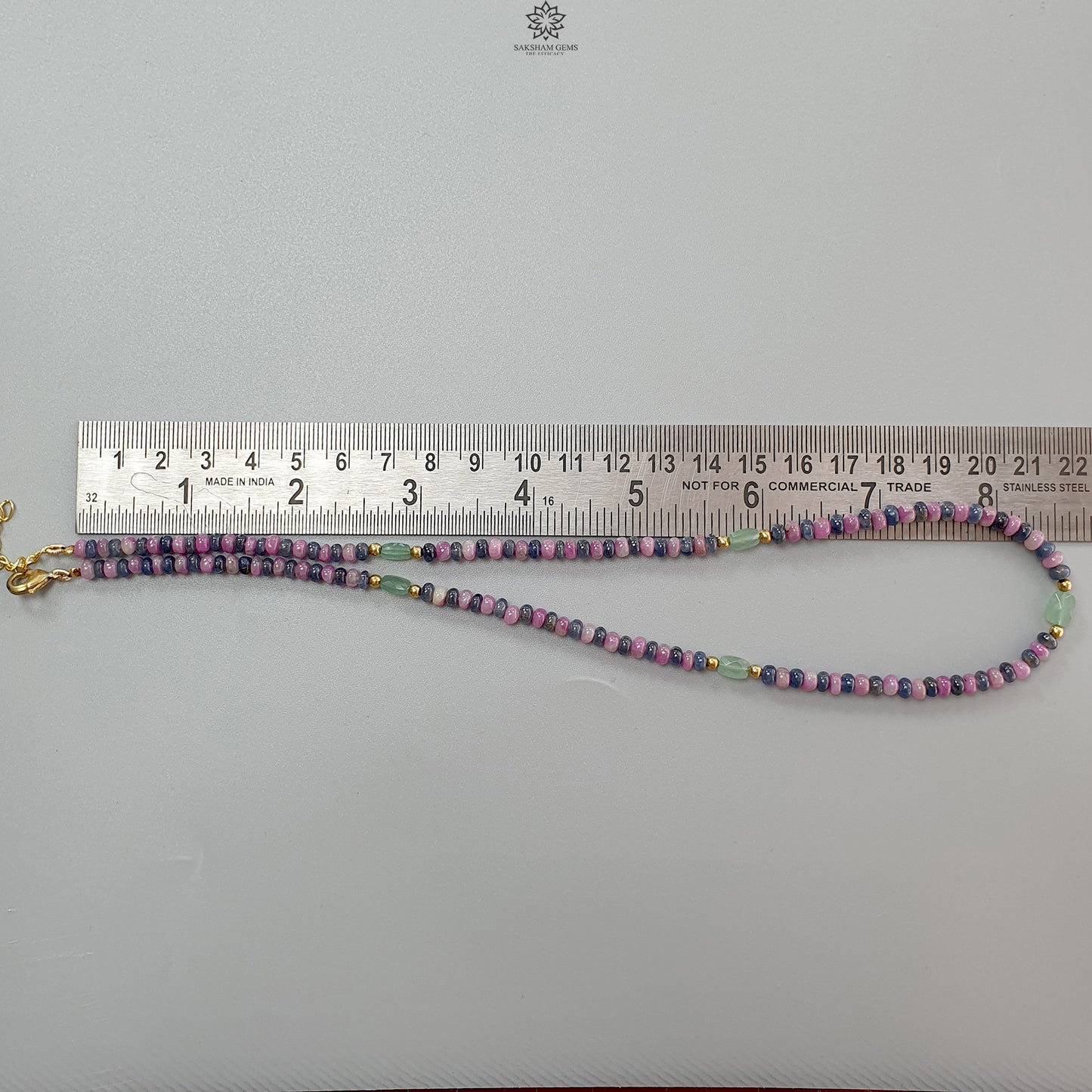 Zoisite Ruby & Blue Sapphire Gemstone Beads Necklace: 18.54gms Natural Ruby, Green Quartzite Gemstone Plain Rondelle Brass Necklace 4mm 18"