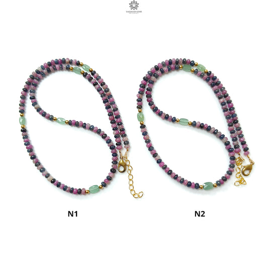 Zoisite Ruby & Blue Sapphire Gemstone Beads Necklace: Natural Untreated Ruby, Green Quartzite Plain Rondelle Brass Necklace 4mm 18" 1 Strand