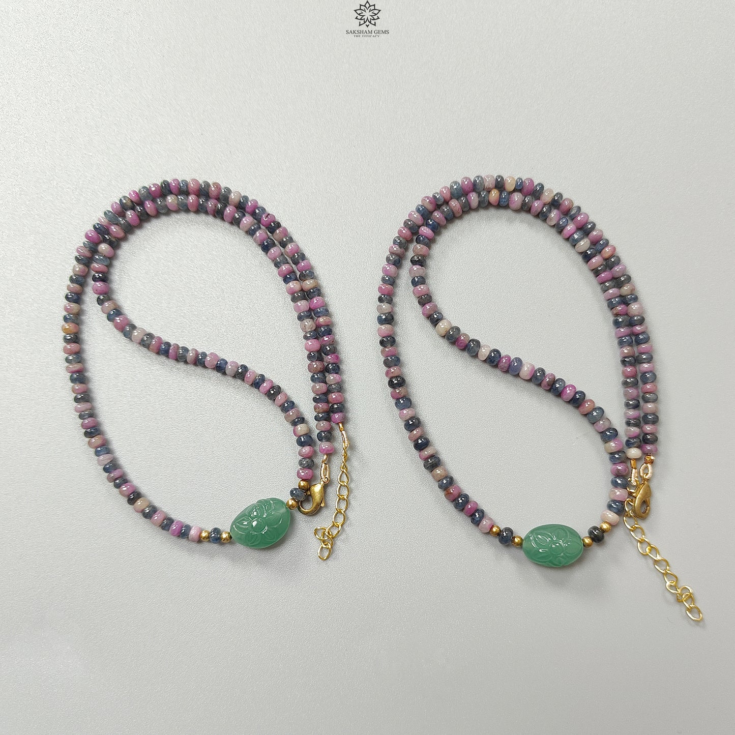 Zoisite Ruby & Blue Sapphire Gemstone Beads Necklace: Natural Untreated Ruby, Green Quartzite Plain Rondelle Brass Necklace 18" 1 Strand