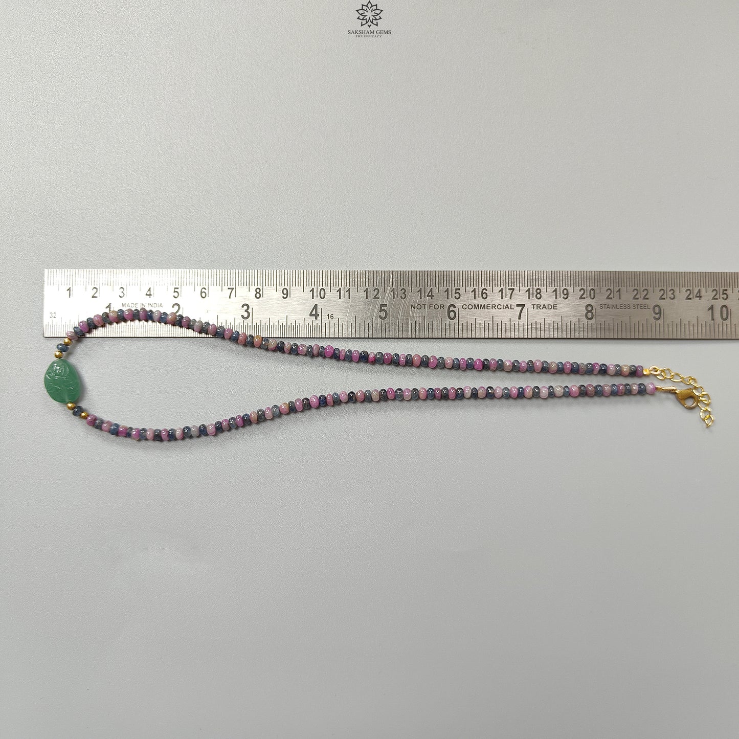 Zoisite Ruby & Blue Sapphire Gemstone Beads Necklace: Natural Untreated Ruby, Green Quartzite Plain Rondelle Brass Necklace 18" 1 Strand