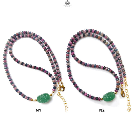 Zoisite Ruby & Blue Sapphire Gemstone Beads Necklace: Natural Untreated Ruby, Green Quartzite Plain Rondelle Brass Necklace 18" 1 Strand