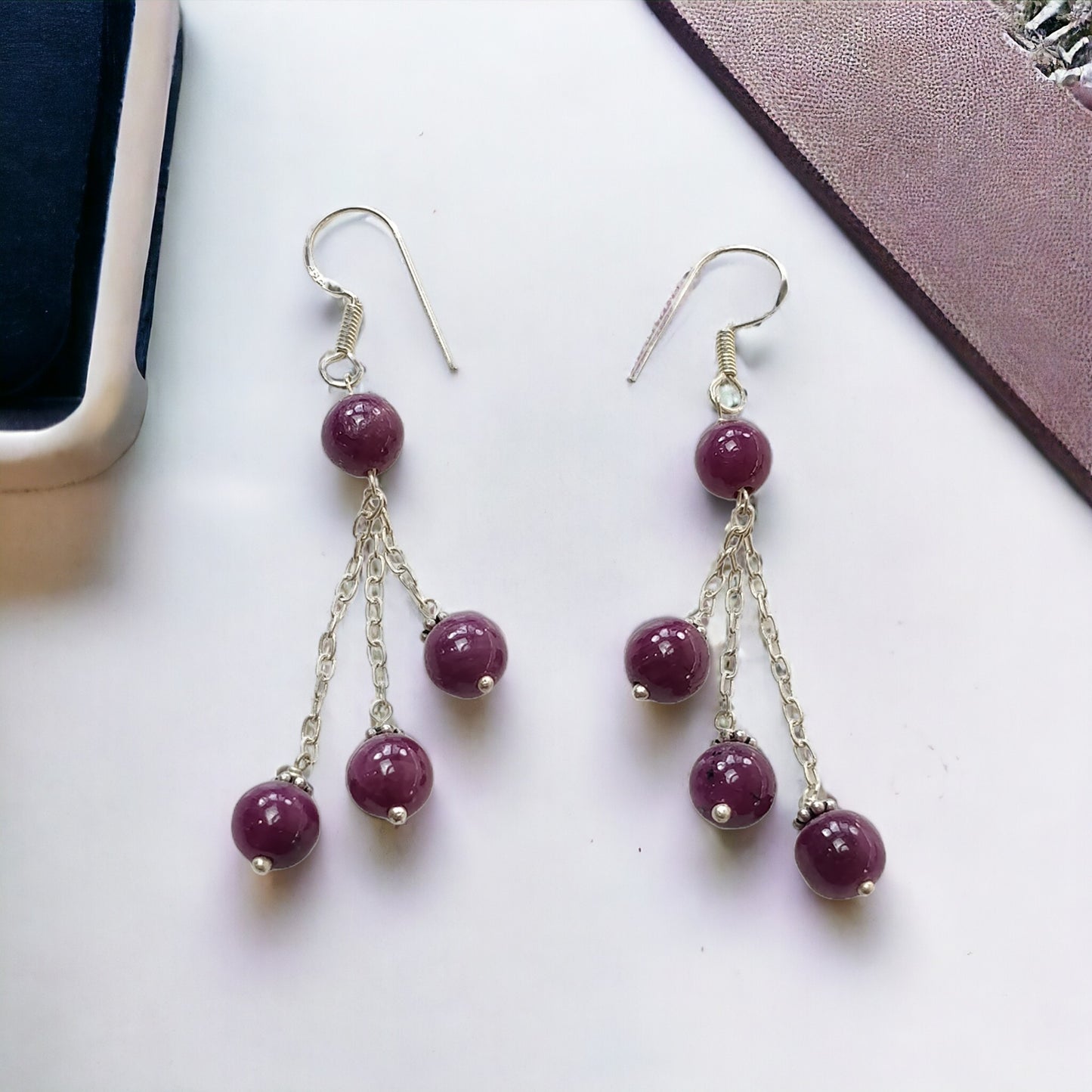 Ruby Gemstone 925 Sterling Silver Beaded Earrings : 8.27gms Natural Untreated Long Drop Dangle Ear Wire Hook Earrings 2.5"