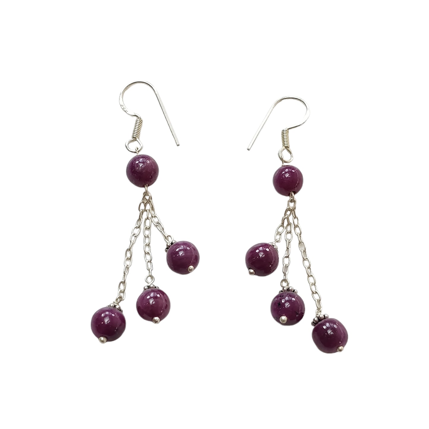 Ruby Gemstone 925 Sterling Silver Beaded Earrings : 8.27gms Natural Untreated Long Drop Dangle Ear Wire Hook Earrings 2.5"