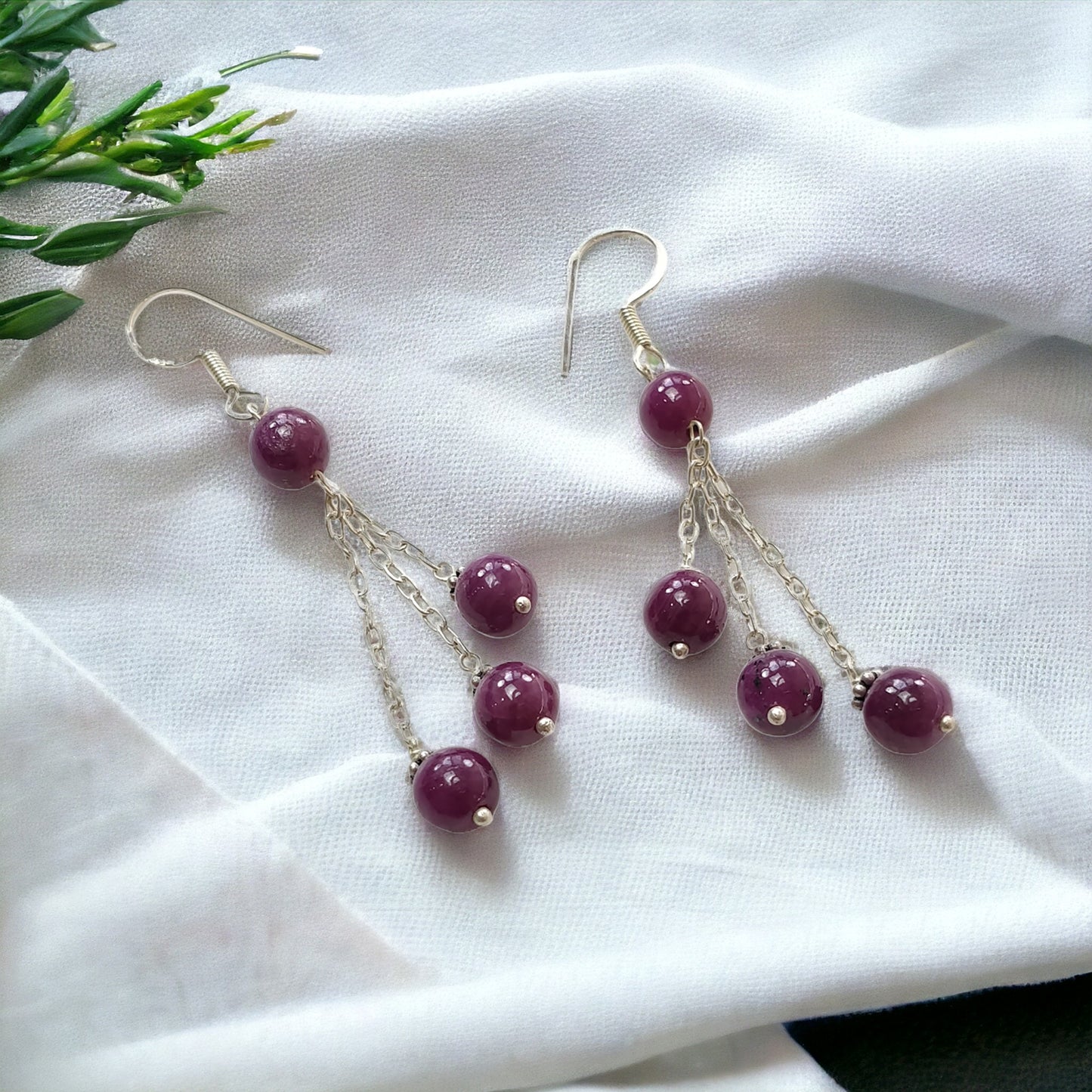 Ruby Gemstone 925 Sterling Silver Beaded Earrings : 8.27gms Natural Untreated Long Drop Dangle Ear Wire Hook Earrings 2.5"