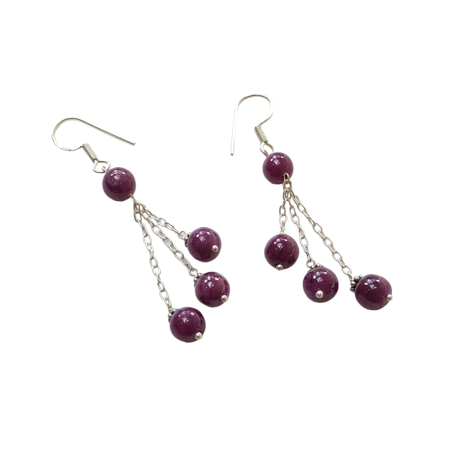 Ruby Gemstone 925 Sterling Silver Beaded Earrings : 8.27gms Natural Untreated Long Drop Dangle Ear Wire Hook Earrings 2.5"