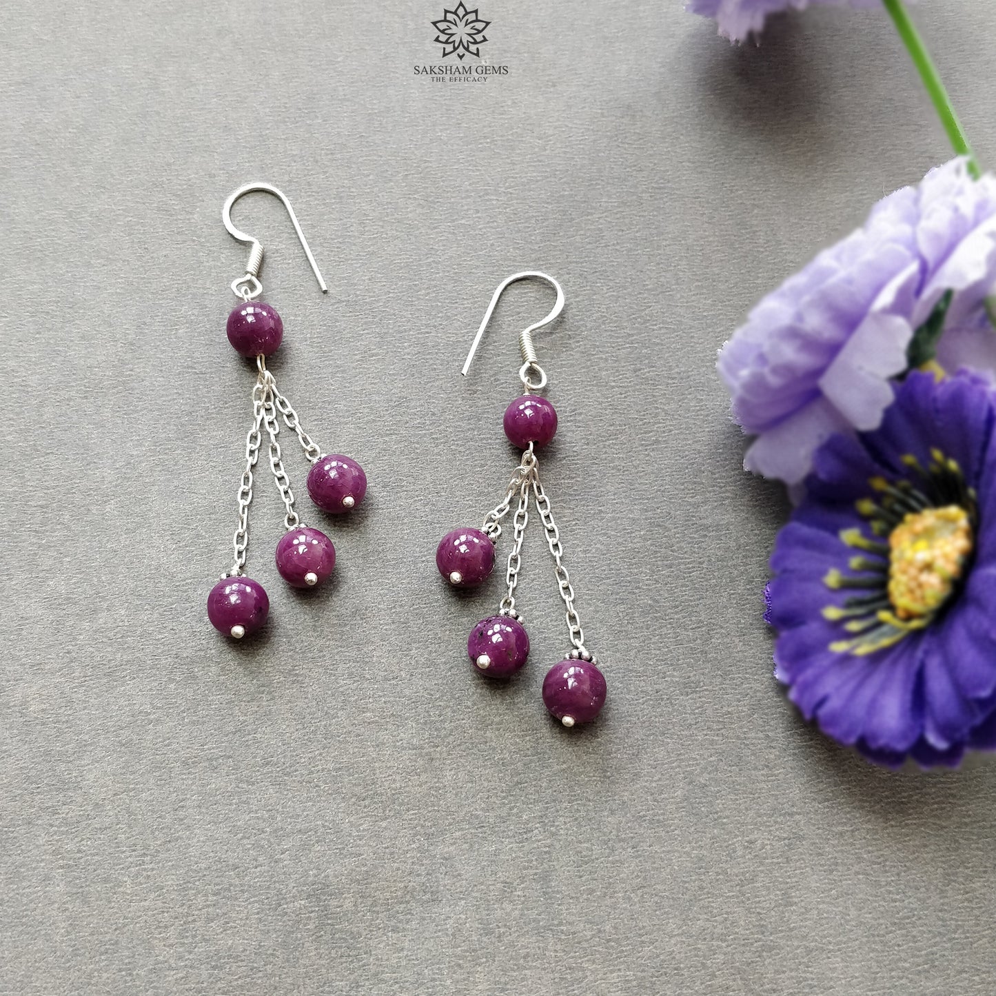 Ruby Gemstone 925 Sterling Silver Beaded Earrings : 8.27gms Natural Untreated Long Drop Dangle Ear Wire Hook Earrings 2.5"