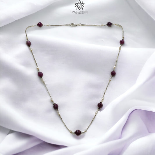 RUBY Gemstone Beaded NECKLACE : 10.52gms Natural Untreated Plain Round Shape Ruby & Pearl With 925 Sterling Silver 19"