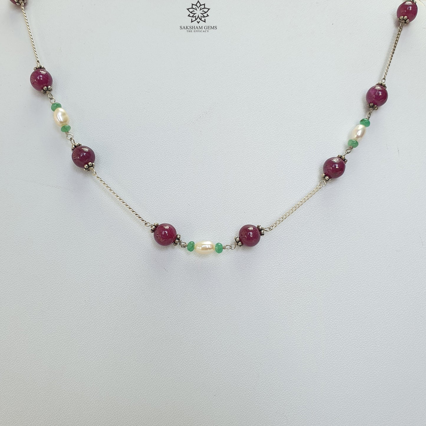 RUBY Gemstone Beaded NECKLACE : 11.19gms Natural Untreated Plain Round Shape Ruby & Pearl With 925 Sterling Silver 16"