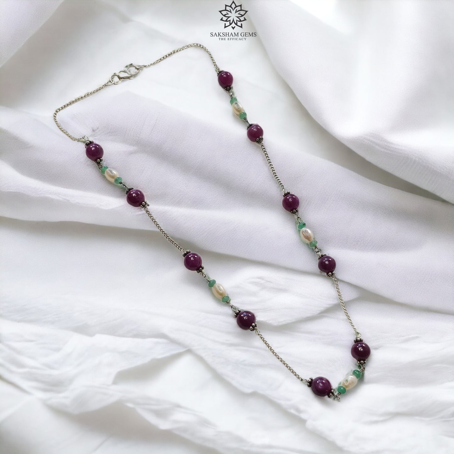 RUBY Gemstone Beaded NECKLACE : 11.19gms Natural Untreated Plain Round Shape Ruby & Pearl With 925 Sterling Silver 16"