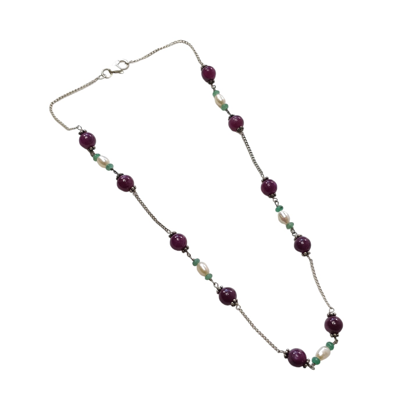 RUBY Gemstone Beaded NECKLACE : 11.19gms Natural Untreated Plain Round Shape Ruby & Pearl With 925 Sterling Silver 16"