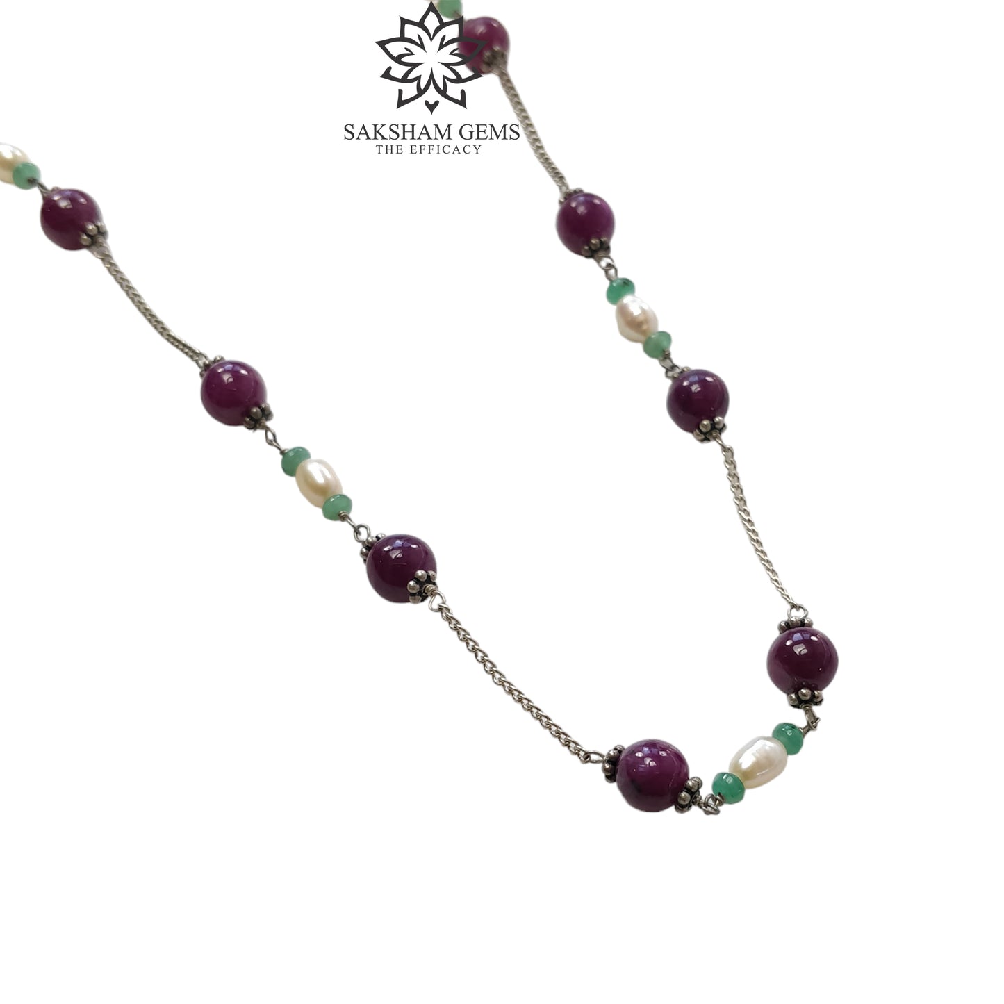 RUBY Gemstone Beaded NECKLACE : 11.19gms Natural Untreated Plain Round Shape Ruby & Pearl With 925 Sterling Silver 16"