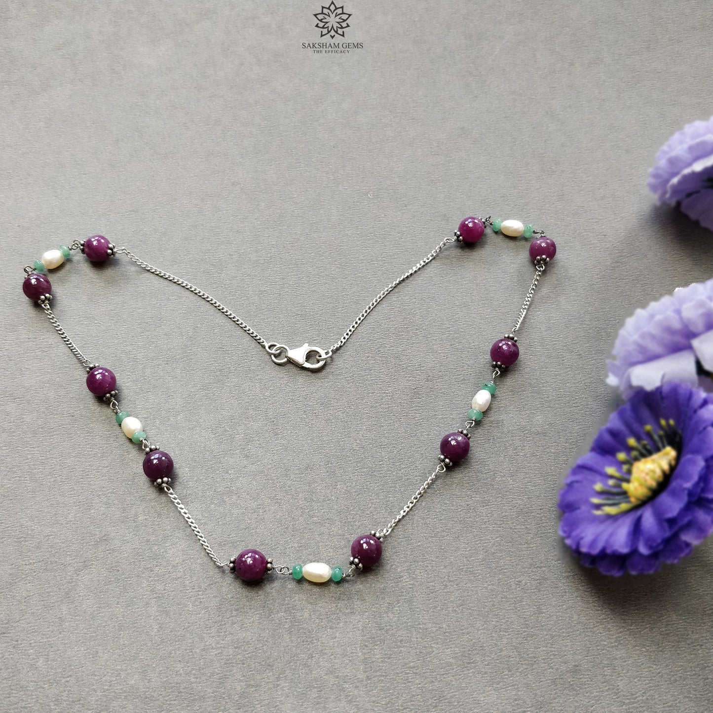 RUBY Gemstone Beaded NECKLACE : 11.19gms Natural Untreated Plain Round Shape Ruby & Pearl With 925 Sterling Silver 16"
