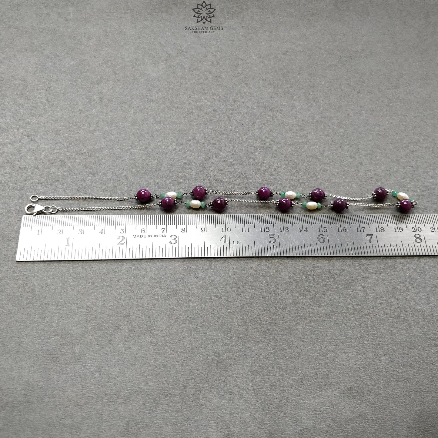 RUBY Gemstone Beaded NECKLACE : 11.19gms Natural Untreated Plain Round Shape Ruby & Pearl With 925 Sterling Silver 16"