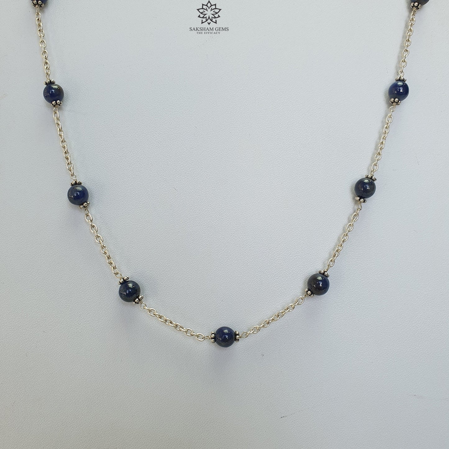 Blue Sapphire Gemstones Beads Chain NECKLACE : 13.82gms Natural Sapphire Cabochon 925 Sterling Silver Plain Beaded Necklace 19"