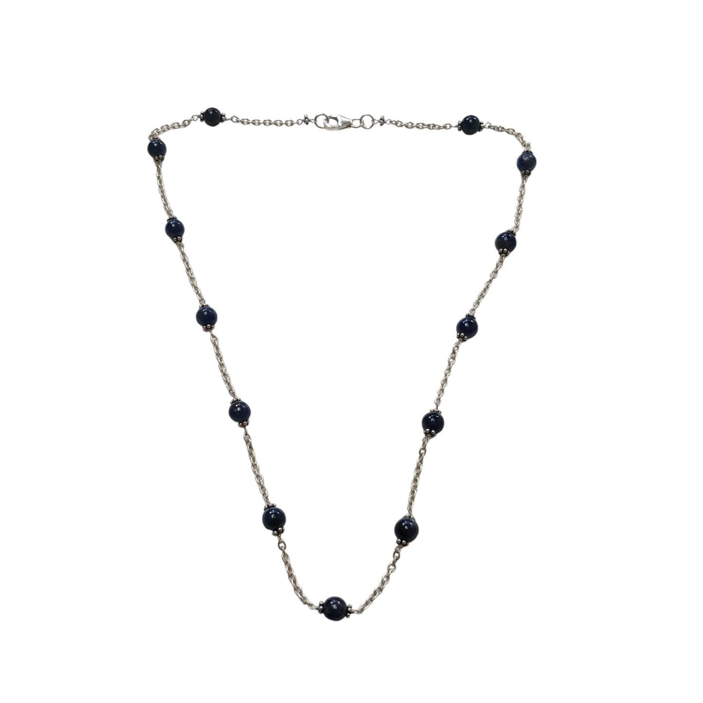 Blue Sapphire Gemstones Beads Chain NECKLACE : 13.82gms Natural Sapphire Cabochon 925 Sterling Silver Plain Beaded Necklace 19"