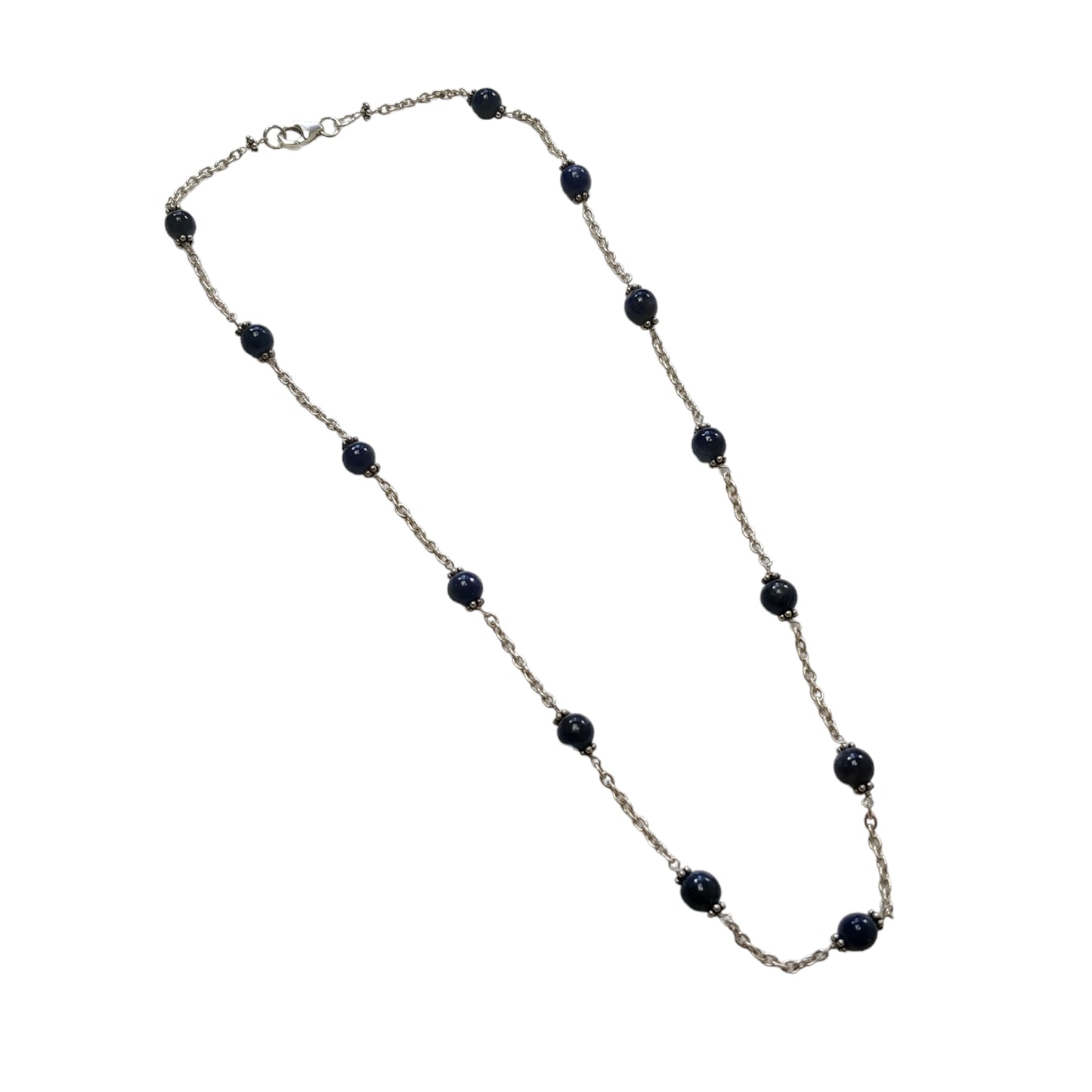 Blue Sapphire Gemstones Beads Chain NECKLACE : 13.82gms Natural Sapphire Cabochon 925 Sterling Silver Plain Beaded Necklace 19"
