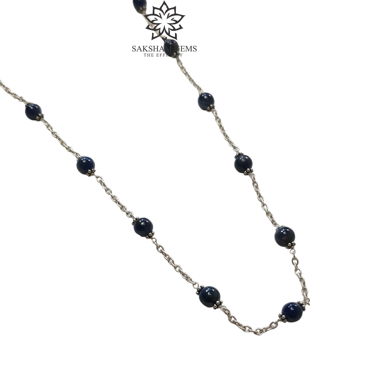 Blue Sapphire Gemstones Beads Chain NECKLACE : 13.82gms Natural Sapphire Cabochon 925 Sterling Silver Plain Beaded Necklace 19"