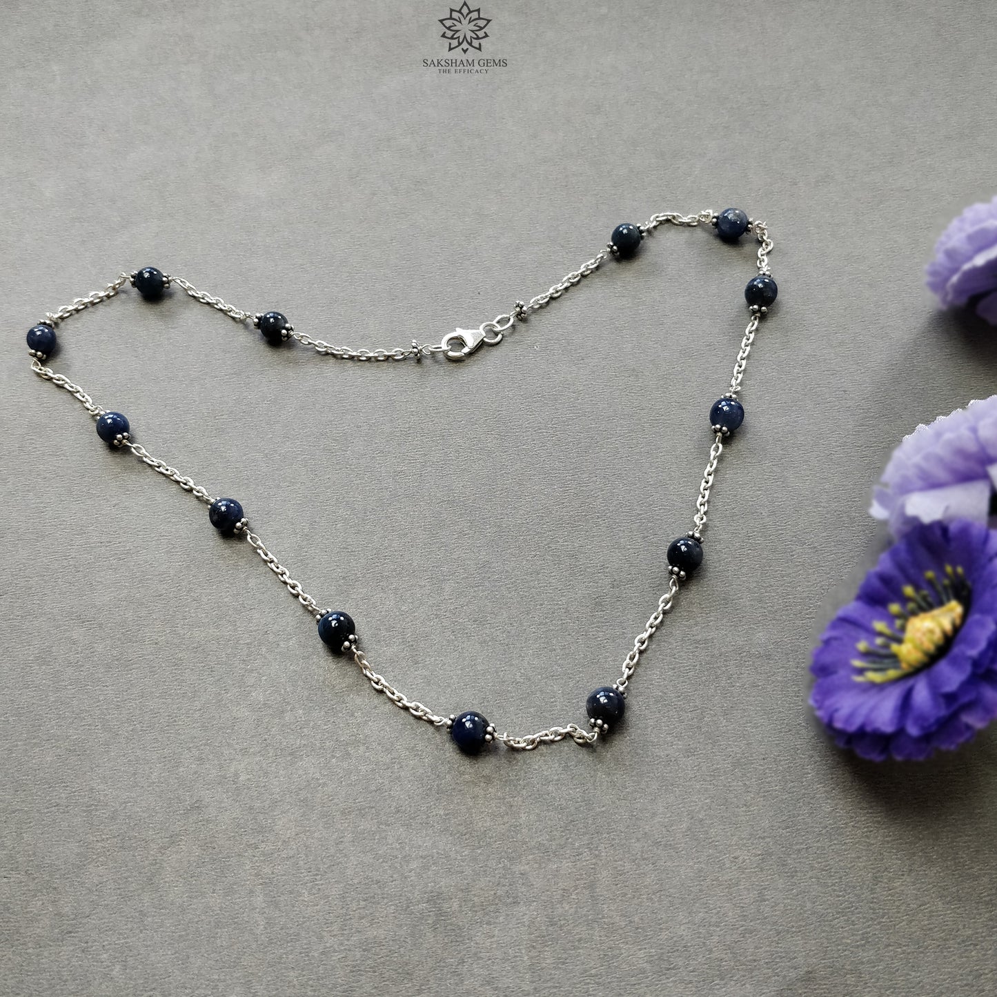 Blue Sapphire Gemstones Beads Chain NECKLACE : 13.82gms Natural Sapphire Cabochon 925 Sterling Silver Plain Beaded Necklace 19"