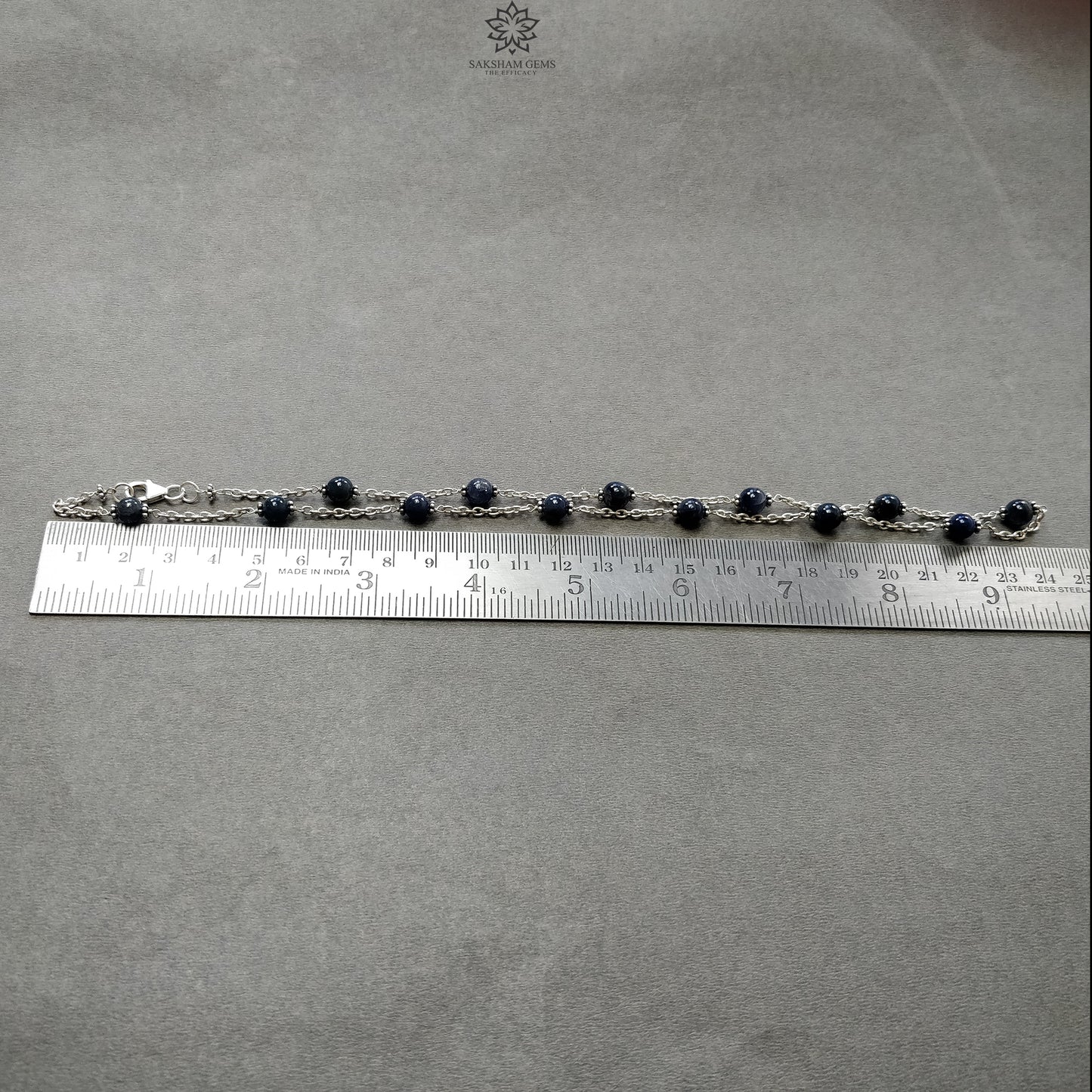Blue Sapphire Gemstones Beads Chain NECKLACE : 13.82gms Natural Sapphire Cabochon 925 Sterling Silver Plain Beaded Necklace 19"
