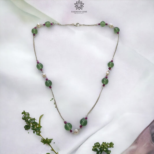 Green Serpentine & White Pearl Gemstones Beads Chain NECKLACE : 14.12gms 925 Natural Serpentine Plain Round Beaded Necklace 19"
