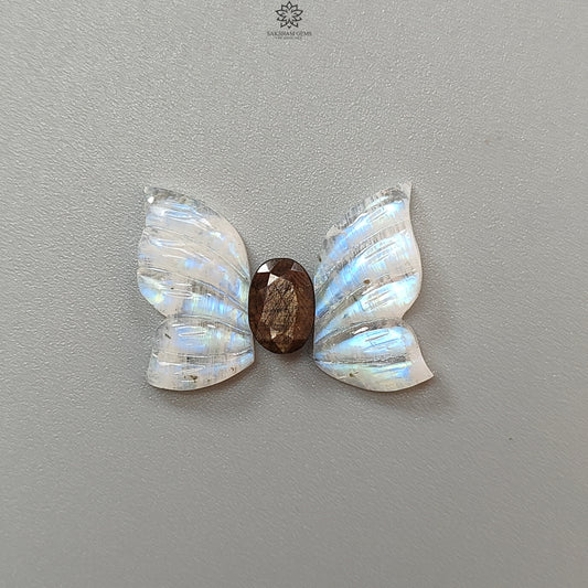 Rainbow Moonstone Gemstone Carving: 16.00cts Natural Untreated Moonstone & Golden Sapphire Hand Carved Butterfly, Oval Cut 20*11mm 3pcs Set